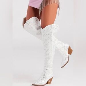 Windsor White Rhinestone Knee High Cowboy Western Boots